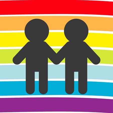 Rainbow flag backdrop. LGBT gay symbol. Two boy man marriage sign. Colorful line set. Flat design. White background. Vector illustrationのイラスト素材