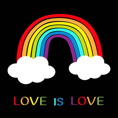 Rainbow icon. Two clouds in the sky. Colorful line set. Cloud shape. Cute cartoon kawaii kids clip art. Love is love. Greeting card. LGBT community. Gay flag symbol Flat design Black background Vectorのイラスト素材