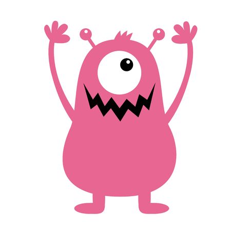 Monster pink silhouette. Cute cartoon kawaii scary funny character. Baby collection. One eye, fang tooth, hands, horns hair. White background. Happy Halloween. Flat design. Vector illustrationのイラスト素材