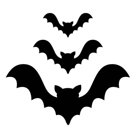 Three bat flying black silhouette icon set. Cute cartoon baby character with big open wing. Happy Halloween. Forest animal. Flat design. White background. Isolated. Greeting card. Vector illustrationのイラスト素材