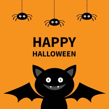 Happy Halloween. Three hanging spiders and bat. Cute cartoon kawaii funny baby character with open wings. Black silhouette. Forest animal. Flat design. Orange background Isolated Greeting card. Vectorのイラスト素材