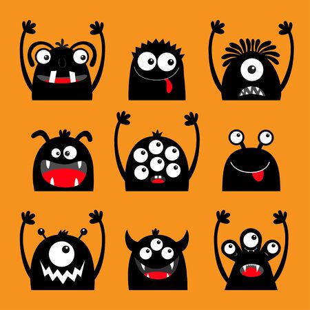 Monster black silhouette head face icon set. Eyes, tongue, tooth fang, hands up. Cute cartoon kawaii scary funny baby character. Happy Halloween. Orange background. Flat design. Vector illustrationのイラスト素材