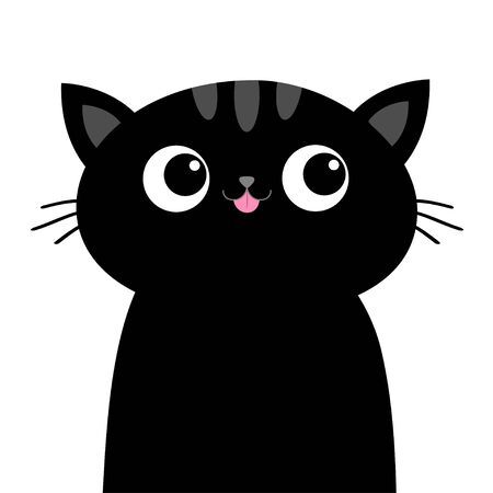 Black sad cat head face with big eyes. Pink tongue. Cute cartoon kawaii funny character. Pet baby print collection. Flat design. White background. Isolated. Vector illustrationのイラスト素材