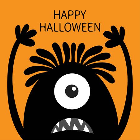 Happy Halloween. Monster head black silhouette. One eye, hair, teeth fang, tongue, hands up . Cute cartoon kawaii funny character Baby kids collection Flat design Orange background Vector illustrationのイラスト素材