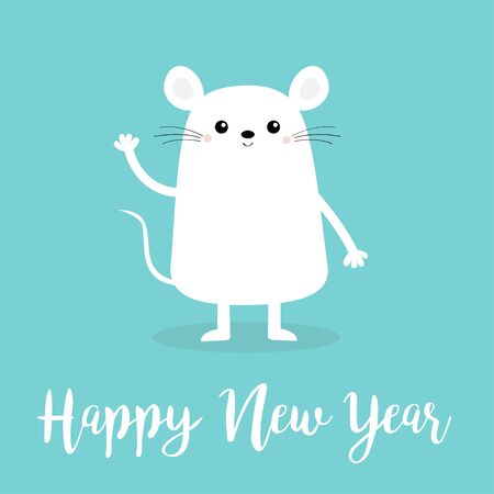 White mouse waving hand. Happy New Year 2020 sign symbol. Merry Christmas. Cute cartoon funny kawaii baby character. Flat design.のイラスト素材