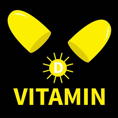 Vitamin D open capsule pill icon set. Sun shape. Yellow color. Fish oil supplements. Healthy lifestyle diet concept.のイラスト素材