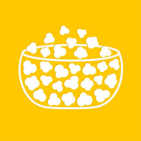 Popcorn. Big white glass box. Cinema movie night line icon. Pop corn food. Flat design style. Yellow background. Isolated. Vector illustrationのイラスト素材