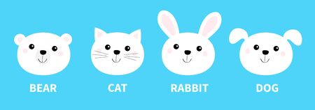 Bear, rabbit, cat, dog. Animal head face round icon set line. Educational cards for kids. White color. Cute cartoon kawaii funny baby character. Flat design. Isolated. Blue background. Vectorのイラスト素材
