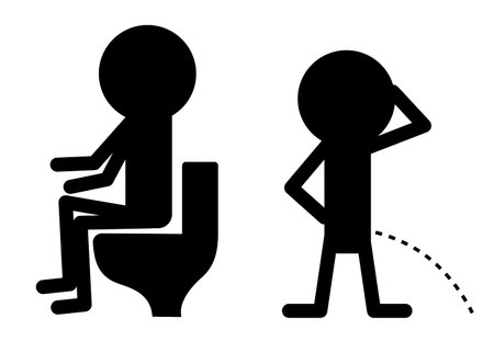 Pissing pooping boy set. Man gender icon set. Restroom wc door symbol sittin on toilet bowl. Black silhouette pictogram. Gentleman figures. Flat design. Isolated. White background. Vector illustrationのイラスト素材