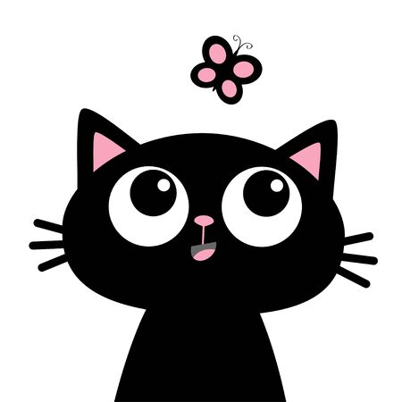 Cat head face looking at butterfly insect. Cute cartoon funny character. Black silhouette sticker print. Kawaii animal. Pet baby collection Kids greeting card. Flat design. White background. Vectorのイラスト素材