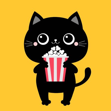 Black cat holding eating popcorn. Cinema theater. Cute cartoon kawaii funny character. Film show. Kitten watching movie. Yellow background. Isolated. Flat design Vector illustrationのイラスト素材