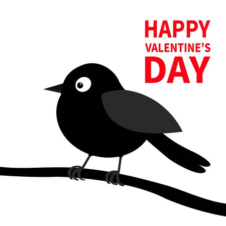 Happy Valentines Day. Black bird silhouette on the tree branch. Happy Valentines Day. Love Greeting card. Cute cartoon funny baby character. Flat design. White background. Vector illustrationのイラスト素材
