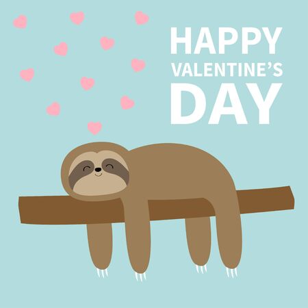 Happy Valentines Day. Sloth sleeping on tree branch. Pink heart. Cute lazy cartoon kawaii funny character. Slow down. Wild joungle animal collection. Isolated. Blue background. Flat design. Vectorのイラスト素材