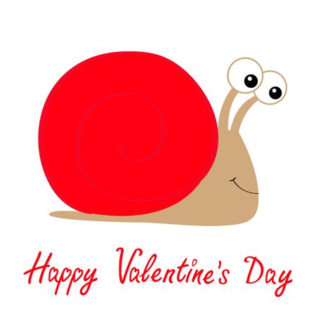 Happy Valentines Day. Snail icon. Red shell house. Cute cartoon kawaii funny character. Insect isolated. Big eyes. Smiling face. Flat design. Baby clip art. White background. Vector illustrationのイラスト素材