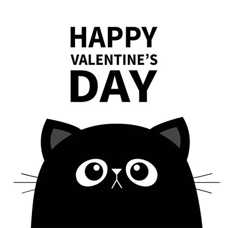 Happy Valentines Day. Black cat face head silhouette. Cute cartoon character. Kawaii animal. Baby card. Pet collection. Flat design style. White background. Isolated. Vector illustrationのイラスト素材