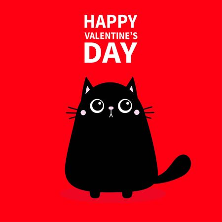 Happy Valentines Day. Cute black cat icon Kitty kitten sitting. Funny Kawaii animal. Kids print. Cute cartoon baby character Pet collection. Flat design. Red background. Vector illustrationのイラスト素材