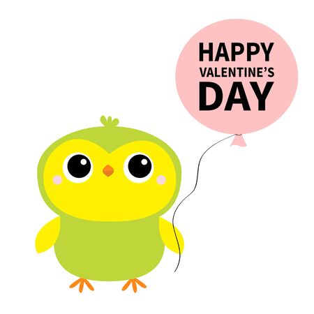 Happy Valentines Day. Parrot bird toy icon holding balloon. Green yellow color. Funny animal standing Kids print Cute cartoon baby character. Pet collection. Flat design White background Vectorのイラスト素材