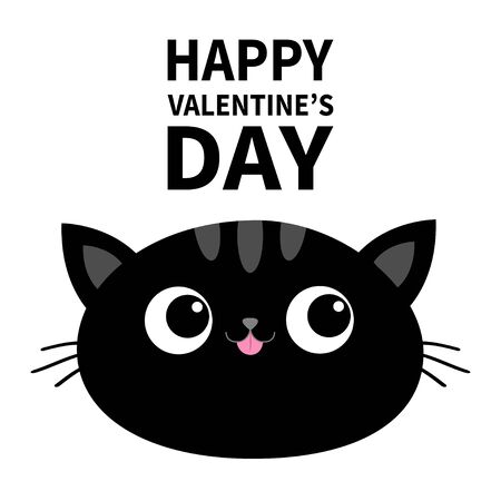 Happy Valentines Day. Black cat head face oval icon with big eyes, pink tongue. Cute cartoon funny character. Moustaches. Pet baby print collection. Flat design. White background. Vectorのイラスト素材