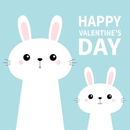 Two rabbit bunny set in the corner. Happy Valentines Day. Friends forever. Cute cartoon kawaii funny baby kids character. Happy Easter. Farm animal. Blue pastel background. Flat design. Vectorのイラスト素材
