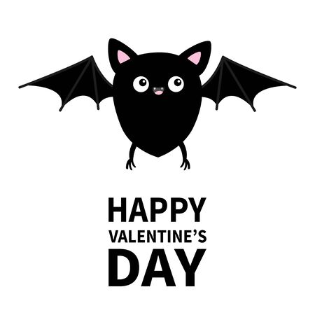 Happy Valentines Day. Cute black bat flying silhouette icon. Cartoon funny baby character with big open wing, eyes, ears. Forest animal. Flat design. Violet background. Greeting card. Vectorのイラスト素材