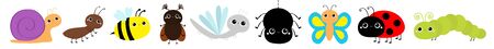 Beetle, ladybug ladybird, dragonfly, ant, butterfly, green caterpillar, spider honey bee snail. Insect set. Cute cartoon baby animal character. Flat design. White background Isolated. Vectorのイラスト素材