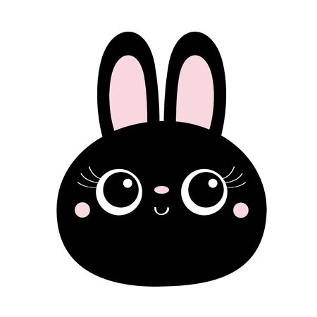Black bunny rabbit hare face head round icon. Big eyelashes. Cute cartoon funny baby character. Scandinavian animal. Happy Easter. Greeting card. Blue background. Flat design. Vectorのイラスト素材