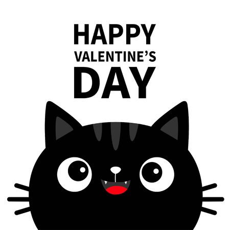 Happy Valentines Day. Black cat face head silhouette. Fang tooth. Cute cartoon character. animal. Baby card. Pet collection. Flat design style. White background. Isolated. Vector illustrationのイラスト素材