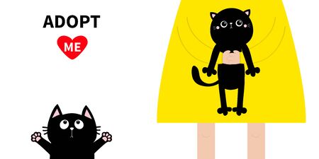 Adopt me. Girl holding black kitten. Cute cartoon funny baby chatacter. Hanging body paw print, tail. Reaching for hug. et collection. animal. Flat design. White background. Isolated. Vectorのイラスト素材
