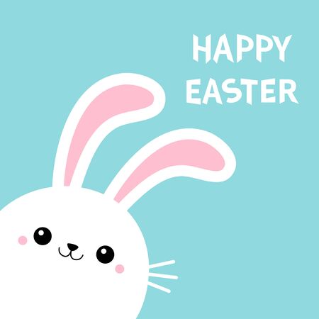 Happy Easter Bunny rabbit face head in the corner. Cute kawaii cartoon funny smiling baby character. White farm animal. Blue background. Isolated. Flat design. Vector illustrationのイラスト素材