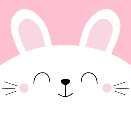 White bunny rabbit head face square icon. Pet baby print for notebook cover, greeting card. Cute cartoon kawaii funny character. Moustaches. Happy Valentines Day. Flat design. Pink background. Vectorのイラスト素材