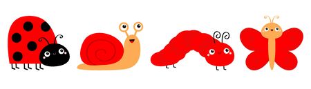 Red insect icon set line. Ladybug, butterfly, caterpillar, ladybird, snail, lady bug. Cute cartoon kawaii funny character. Smiling face. Flat design. Baby clip art. White background Isolated. Vectorのイラスト素材