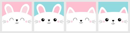Pet baby print for notebook cover, greeting card. White cat rabbit bunny head face square icon set line. Cute cartoon kawaii funny character. Valentines Day. Flat design. Blue pink background. Vectorのイラスト素材