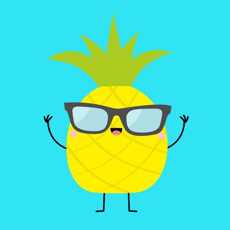 Pineapple fruit icon leaf wearing glasses. Hands up, legs. Cute cartoon kawaii smiling funny baby character. Sunglasses. Hello summer. Greeting Card. Flat design. Blue background. Vector illustrationのイラスト素材