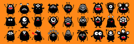 Happy Halloween. Monster black silhouette super big icon set. Cute cartoon kawaii scary funny baby character. Eyes, tooth fang, tongue, hands up. Orange background. Flat design. Vector illustrationのイラスト素材