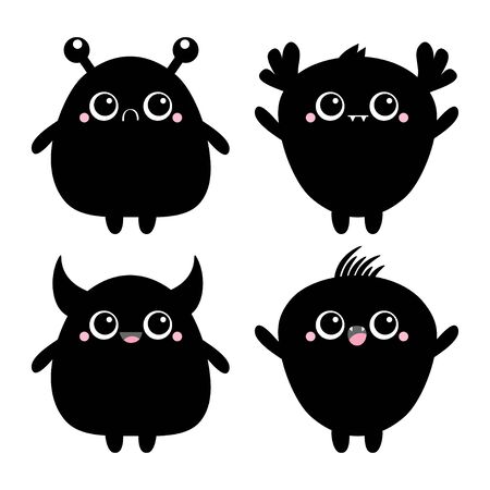 Happy Halloween. Monster black silhouette. Baby icon set. Cute cartoon kawaii scary funny character. Eyes, tooth fang, tongue, hands up. White background. Isolated. Flat design. Vector illustrationのイラスト素材