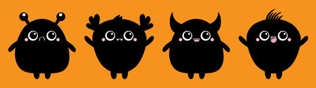 Happy Halloween. Monster set black silhouette. Baby icon. Cute cartoon kawaii scary funny character. Eyes, tooth fang, tongue, hands up. Isolated. Orange background. Flat design. Vector illustrationのイラスト素材