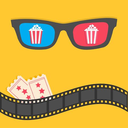 Popcorn. 3D glasses. Film strip border. Tickets. Pop corn. Red striped box. Cinema movie night icon. Flat design. Yellow background. Isolated. Vector illustrationのイラスト素材