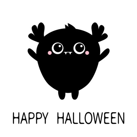 Monster silhouette. Happy Halloween. Cute kawaii cartoon black scary funny character icon. Eyes, ear, hands, fang horns. Funny baby collection. Isolated. White background. Flat design. Vectorのイラスト素材