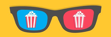 3D glasses icon. Popcorn box. Cinema movie night. Flat dsign style. Yellow background. Isolated. Vector illustrationのイラスト素材