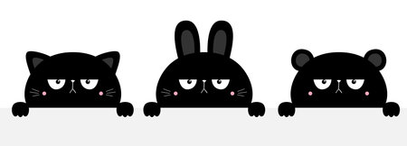 Cat kitten kitty rabbit bunny, bear set. Black silhouette holding empty paper. Cute kawaii cartoon sad character Paw print. Baby greeting card tshirt notebook cover White background Flat design Vectorのイラスト素材