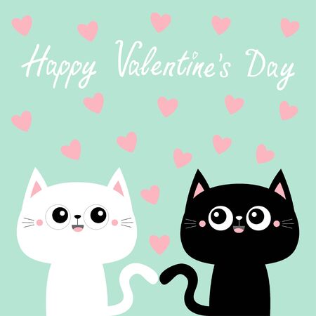 Happy Valentines Day. Black white cat kitty kitten set. Pink hearts. Cute kawaii cartoon character. Smiling face tail. Baby greeting card tshirt notebook cover print Blue background Flat design Vectorのイラスト素材