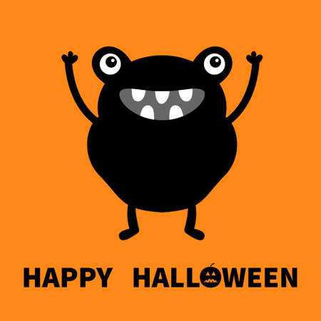 Happy Halloween. Monster black silhouette. Cute cartoon kawaii frog character icon. Eyes, hands, teeth. Funny baby collection. Flat design. White background. Isolated. Vector illustrationのイラスト素材