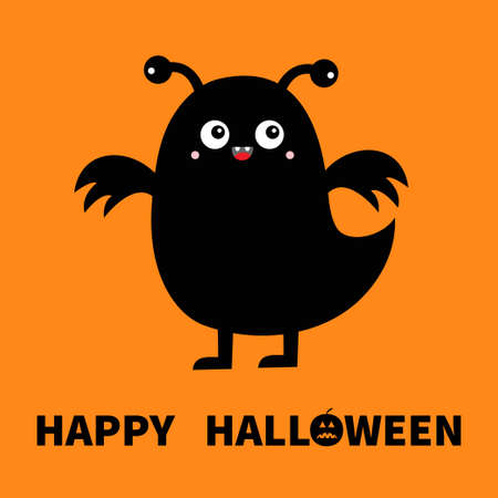 Happy Halloween. Monster black silhouette. Cute cartoon kawaii bird character icon. Eyes, wings, horns. Funny baby collection. Flat design. Orange background. Isolated. Vector illustrationのイラスト素材