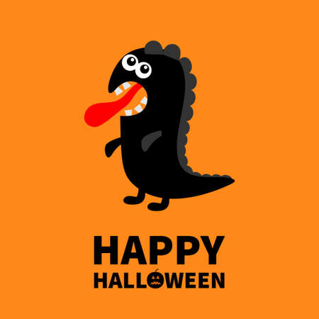 Happy Halloween. Dinosaur monster silhouette. Cute cartoon kawaii sad character icon. Tongue, eyes, hands. Funny baby collection. Black color. Flat design. Orange background. Vector illustrationのイラスト素材