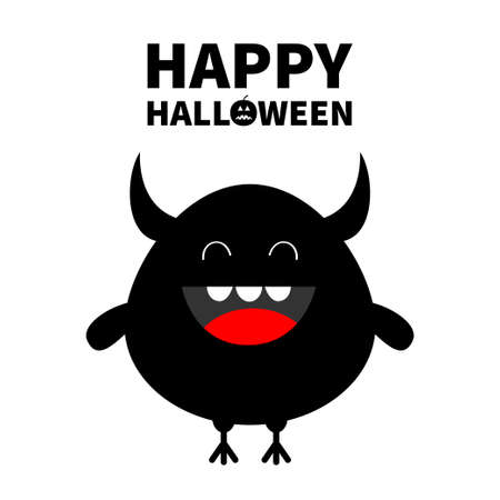 Monster silhouette. Happy Halloween. Cute cartoon kawaii sad character icon. Horns, eyes, hands. Funny baby collection. Black color. Flat design. White background. Isolated. Vector illustrationのイラスト素材