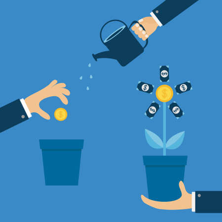 Three step infographic. Businessman hand holding money tree, watering can, seed Coin dollar sign Financial growth concept. Plant in the pot. Successful business icon Flat design Blue background Vectorのイラスト素材
