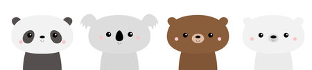 Cute bear set. Panda, koala, grizzly, polar cub. Kawaii cartoon character. Funny head face. Happy...