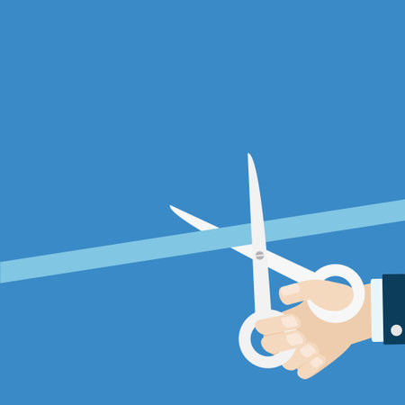 Businessman hand scissors cut the straight ribbon right corner. Opening ceremony. Inauguration Flat...