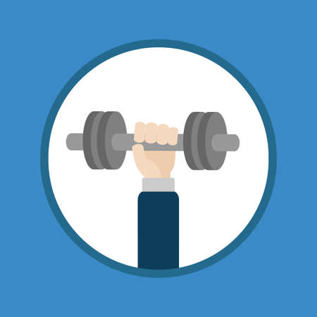 Hand holding dumbell. Round Icon. Sport Fitness Healthy lifestyle concept. Flat design. Blue background. Islated. Vector illustrationのイラスト素材
