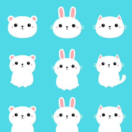 White rabbit bunny, polar bear, cat, kitten, kitty. Kawaii cartoon character set. Cute funny head face. Baby greeting card template. Notebook cover, tshirt. Blue background. Flat design. Vectorのイラスト素材